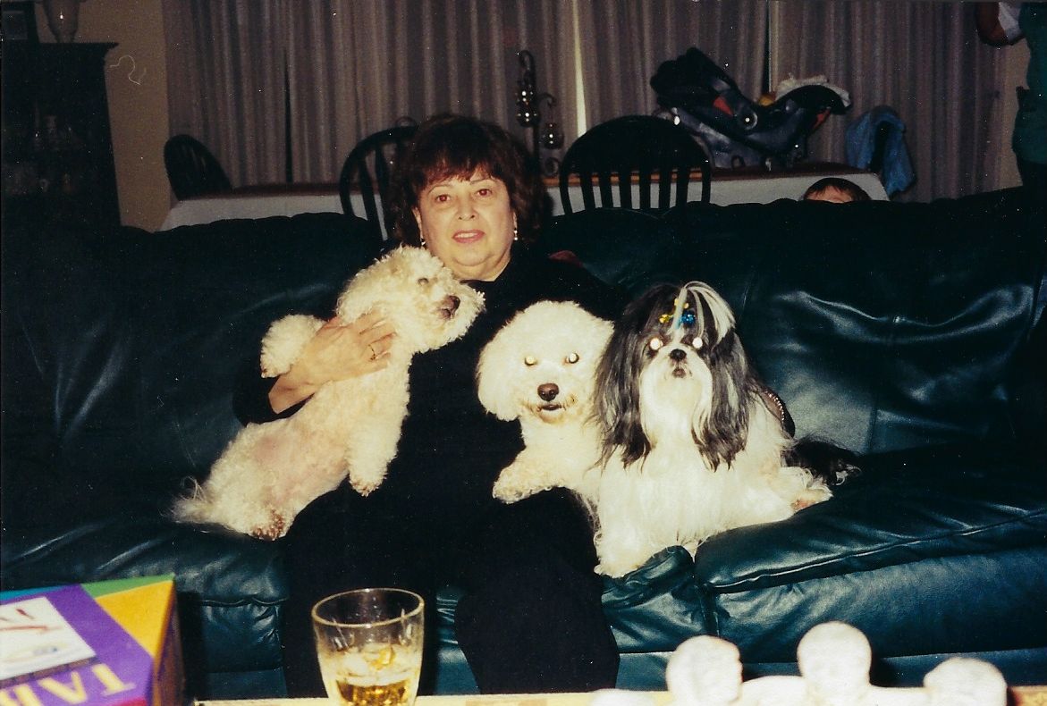 Janet Johnson with dogs at June's house